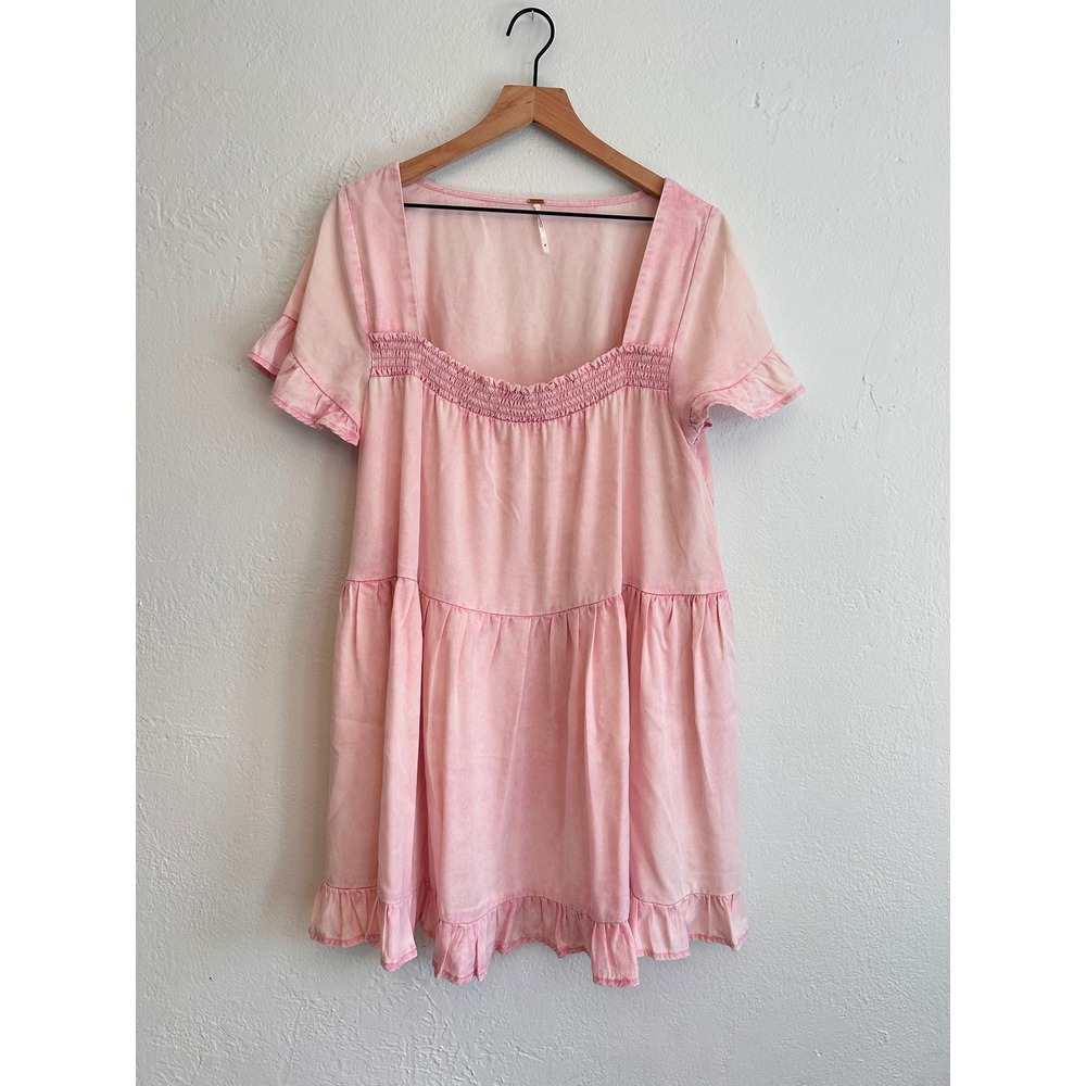 Free People Sadie Denim Mini Dress Pink Acid Wash Smocked Babydoll Pockets M